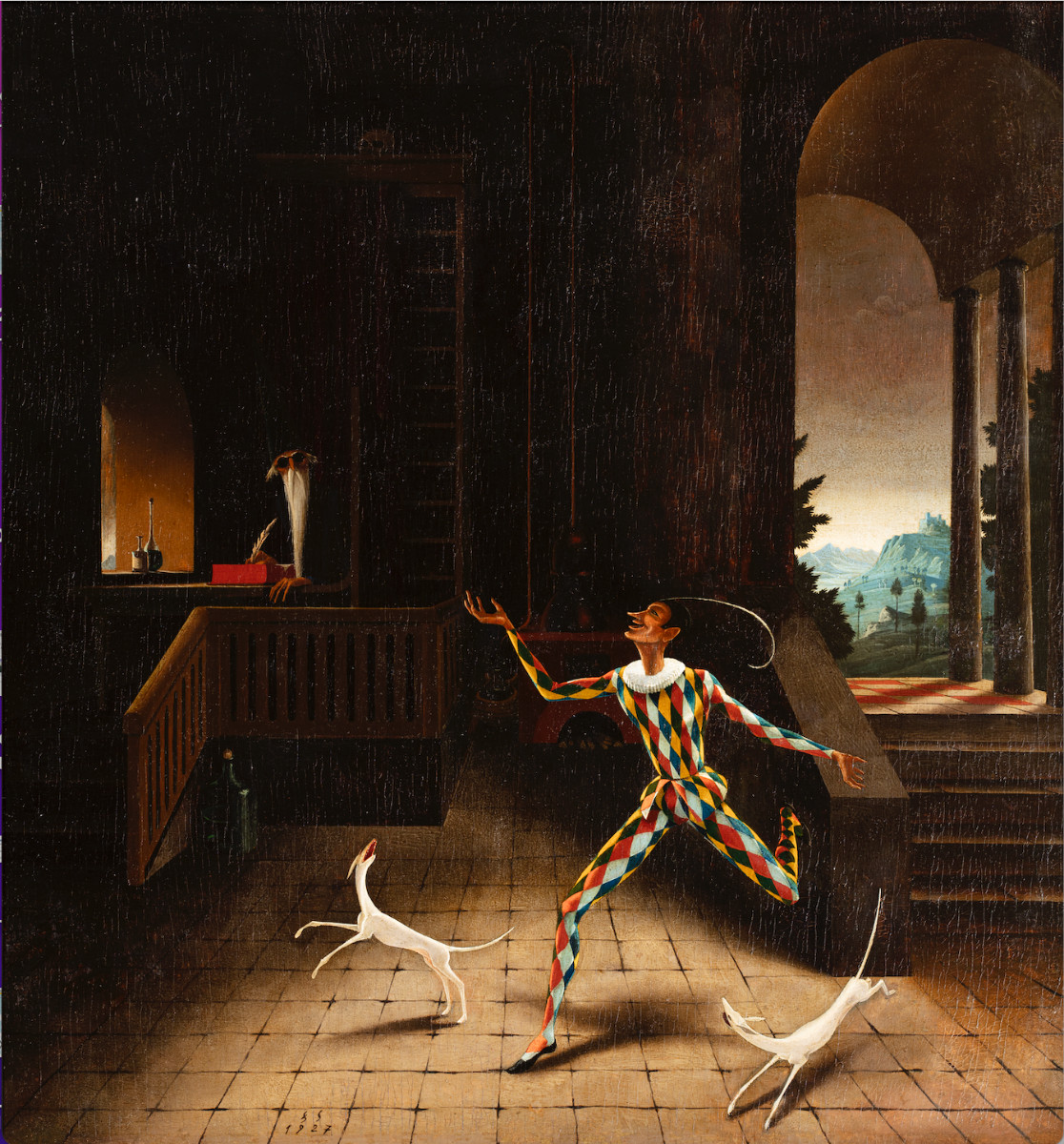 Franz Sedlacek, Der Zauberer und der Harlekin, 1927, Öl auf Karton, 78 x 73 cm Courtesy Kunsthaus Freller