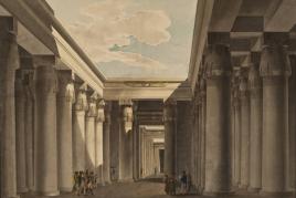 Norbert Bittner (1786–1851)              Einblick in die Vorhalle eines Tempels von Karnak  Feder in Schwarz, Aquarell, Bleistiftvorzeichnung; 490 x 662 mm Akademie der bildenden Künste Wien, Kupferstichkabinett. © LIECHTENSTEIN MUSEUM. Die Fürstlichen Sammlungen, Wien