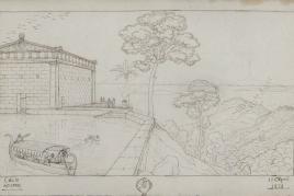 Klassische Landschaft mit Tempel  Friedrich Wilhelm IV., 1828, Bleistift, Feder in Braun © SPSG