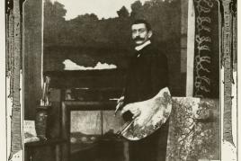 Porträt Walter Leistikow Inschrift unter dem Foto: Aus Berliner Ateliers: Walter Leistikow bei seinem neusten Werk: „Der Pechsee bei der Saubucht im Grunewald“ Spezialaufnahme für die „Woche“ Aus: Die Woche, 1902