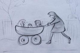 ‘A girl pushing three children in a pram’ by L S Lowry, pencil on paper, 8’x10’, signed and dated 1962, £40,000 from Neptune Fine Art