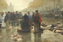 Herrmann, Hans d. J. (1858 Berlin - 1942 ebd.) Fischmarkt in Amsterdam. 1900. Öl auf Leinwand. 109 x 140, mit dem breiten, originalen Stuckdekorrahmen 157 x 196 cm. Rechts unten signiert und datiert. - Die imposante Größe dieses Gemäldes läßt den Schluß zu, dass es sich hier um ein Hauptwerk des Künstler oder eine Auftragsarbeit handelt. Lot 37  	 		7.000 EUR   (9.130 USD)  © Auktionshaus Quentin