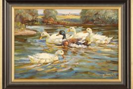 KatalogNr: 581 - Standort: Hamburg Willy Tiedjen (1881-1950), Öl/Malkarton., "Enten auf See", signiert unten rechts "W. Tiedjen", rückseitig bezeichnet "Enten im Wasser", 37x55cm, gerahmt (50x68cm) RP: 580,00 €