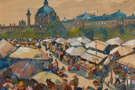 LASKE, Oskar 1874 – 1951 Naschmarkt 1906  	  Gouache auf Papier 49 x 58,2 cm Signiert, datiert rechts unten: O. Laske Auktion 25. November 2013 € 15.000 – 20.000