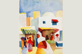 August Macke, Markt in Tunis I, 1914, Aquarell und wenig Deckweiss über Bleistift auf Aquarellkarton, 29 x 22,5 cm, Privatsammlung, courtesy Thole Rotermund Kunsthandel, Hamburg © LWL-MKuK/Rudolf Wakonigg