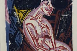 Ernst Ludwig Kirchner: Die Geliebte, 1915 Holzschnitt in chwarz, Rot, Braun, Violett, Blau und Gelb 28,8 x 23,6 cm Inv.-Nr. F 122 c, Dube H 264 Brücke-Museum Berlin Karl und Emy Schmidt-Rottluff Stiftung