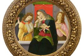 Sandro Botticelli und Werkstatt (1445 – 1510)  Madonna mit dem Kind, Johannes dem Täufer und einem Engel | Ø 87,5cm |  Tempera/Öl auf Pappel | Geschnitzter und vergoldeter Rahmen | Schätzpreis: € 260.000 – 300.000  342. Auktion „Alte Kunst“ am 14. November 2014