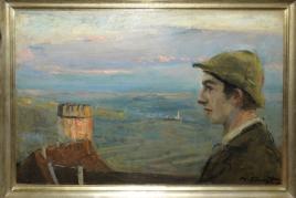 Max Slevogt, „Buwi Griesinger mit Ausblick über Neukastel“, Ölgemälde von 1897, im vergoldeten Holzrahmen, mit Expertise Dr. Sigrun Paas Max Slevogt, 1868 Landshut - 1932 Leinsweiler-Neukastel/Pfalz, Slevogt gehörte zu den Vertretern der Freilichtmalerei, die im Gegensatz zur Ateliermalerei direkt vor dem Motiv in der freien Natur arbeiteten. Slevogt war Gründungsmitglied der Arbeitsgemeinschaft Pfälzer Künstler.  Limit::	18.000 €