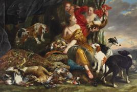 Lot Nr. 79  Jan Fyt (Antwerpen 1611–1661)  Die Göttin Diana empfängt die Jagdbeute,  signiert unten rechts: Joannes Fyt,  Öl auf Leinwand, 177 x 261 cm  erzielter Preis € 295.800