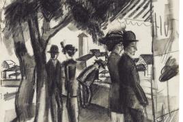 Lb.-Nr. 356 153 August Macke Spaziergänger unter Bäumen (Leute vor dem Schaufenster). 1914 Kreidezeichnung, 34,6 x 29,5 cm WVZ Heiderich 2419 Ergebnis: € 273.000,-