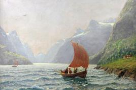 DAHL, HANS (1849-1937): Frische Brise - Norwegische Fjordlandschaft mit heimkehrendem Segelboot.