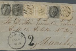 Los 864: Hongkong/ India /Labuan 1865: The famous cover front to Manila, Philippines franked by India 1856/64 4 a. black, Ausruf: 24.000 Euro