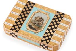 A German gold, enamel, and micromosaic snuff box, maker's mark FJ, Hanau, circa 1810