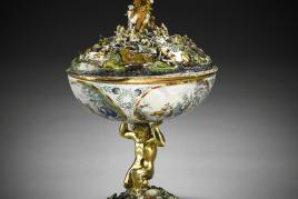 Lot 8 SOUTH GERMAN, AUGSBURG, AROUND 1600 THE ROTHSCHILD ORPHEUS CUP with a torn paper label underneath: Baron L. Rothschild gold, enamel and rubies 18.5cm., 7¼in. Est. £600,000 GBP - 800,000