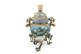 A magnificent imposing cloisonné enamel and gilt-bronze tripod 'cranes' incense burner and cover, estimated at £60,000-80,000