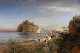 Achenbach, Oswald,  "Blick auf das Castello Aragonese, Ischia", Öl auf Leinwand, doubliert, signiert und datiert unten rechts Osw. Achenbach 1880, 89 x 135 cm. Mindestpreis:	14.000 EUR