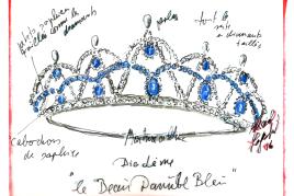 Karl Lagerfeld, Entwurfsskizze für die Swarovski-Tiara "Le Beau Danube Bleu" der Debütantinnen für den Wiener Opernball 2017, Pastell/Ölkreide/Tippex auf Transparentpapier, 23,5 x 17,3 cm, Rufpreis € 500