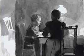 Käthe Kollwitz, Unter der Tischlampe, 1894 Feder in Schwarz, Pinsel in Grau, weiße Kreide, über Bleistift, auf Velinpapier (Whatman Paper), 247 x 330 mm (Blatt), Kupferstich-Kabinett