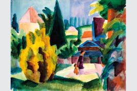 August Macke, Im Schlossgarten von Oberhofen, 1914, Aquarell auf Papier. Kunstmuseum Bern, Legat Cornelius Gurlitt 2014