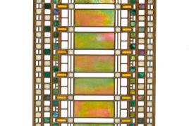 Lot 91 Property From An Important American Collection Frank Lloyd Wright Two-part Laylight from the Darwin D. Martin House, Buffalo, New York iridized glass, opalescent glass and clear glass in brass-plated “colonial” zinc cames, presently installed in a wood frame (not illustrated) larger panel: 42 5/8  x 21 in. (108.3 x 53.3 cm) smaller panel: 20 x 21 (50.8 x 53.3 cm) circa 1903-1905 executed by Linden Glass Company, Chicago, Illinois Estimate$80/120,000