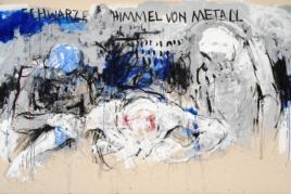 Jakob Kirchmayr, Schwarze Himmel von Metall, colored pencil, oil stick, gesso, ink, acrylic on canvas (substantial sailcloth), 190x300 cm