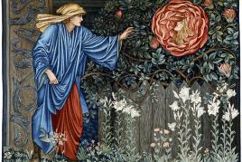 Edward Coley Burne-Jones (1833–1898), Wirkteppich The Pilgrim in the Garden (Der Pilger im Garten), Ausführung Merton Abbey, London, 1901. Wolle, Seide, Baumwollgarn.  Badisches Landesmuseum Karlsruhe