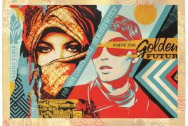 Shepard Fairey, Golden Future, 2017, silk screen and mixed media collage on paper, hand painted multiple, 85x121 cm, 33,5 in x 47,5 in