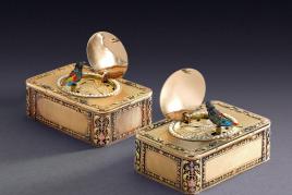 Lot 134 Frères Rochat An Impressive And Rare Consecutively Numbered Pair Of Four-Color Gold And Pearl Singing Bird Snuff Boxes For The Chinese Market Circa 1820 Estimate $300/500,000 Sold for $519,000