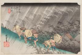 Utagawa Hiroshige (1797–1858) Shono, Station 46 aus der Serie “Die 53 Stationen des Tokaido“, Tokaido gojusan tsugi no uchi Nishiki–e, oban, 22,7 x 29,4 cm, signiert Hiroshige, publiziert von Takenouchi Magohachi, Japan, 1834. Ankauf 2014, Sebastian Izzard LLC., New York/USA Museum für Ostasiatische Kunst Köln, R 2014,2 © Rheinisches Bildarchiv Köln: rba_d045446