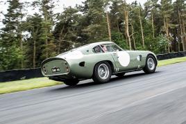 The 1963 Aston Martin DP215 Grand Touring Competition Prototype takes to the track (Credit – Simon Clay © 2018 Courtesy of RM Sotheby’s).