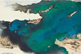 Zhang Daqian (Chang Dai-chien) 1899-1983 BRIDGE TO MOUNTAIN TEMPLE SHROUDED BY PRISMATIC CLOUDS IN SPLASHED COLOR Estimate  220,000 — 280,000 USD