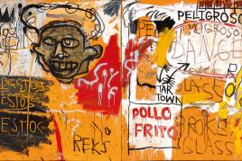 Jean‐Michel Basquiat Untitled (Pollo Frito) 1982 Acrylic, oil and enamel on canvas, in two parts 152.4 by 306.1 cm | 60 by 120½  in Estimate in excess of $25 Million