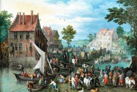 Jan Brueghel der Ältere, 1568 Brüssel "" 1625 Antwerpen DORFLANDSCHAFT AM WASSER MIT VIEHMARKT Öl auf Kupfer.  Schätzpreis:	650.000 - 900.000 EUR