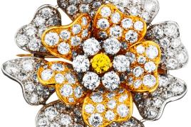 Diamant-Brosche "Blume" Silber auf Rotgold 585.