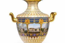 Vase mit acht Ansichten von Berlin Porzellan, preußisch blauer Fond, farbiger Aufglasurdekor, radierte und ombrierte Vergoldung. Modell Münchner Vase No. 2 Berlin, KPM, um 1838 Schätzpreis:	200.000 - 250.000 EUR