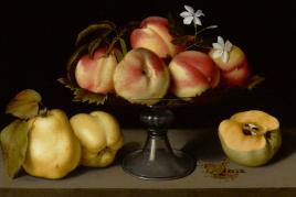 Fede Galizia Milan 1578 - 1630 A Glass Compote With Peaches, Jasmine Flowers, Quinces, And A Grasshopper oil on panel 12 by 17 in.; 30.5 by 43.2 cm. Estimate $2/3 million