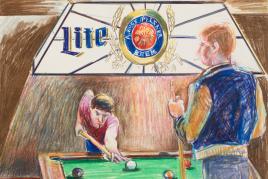 Patrick Angus, Pool Table Lite Beer crayon on paper, framed, 22.7 x 30.5 cm © Douglas Blair Turnbaughimage 3 of 12previousnextclose