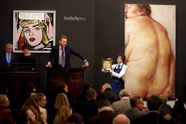 Sotheby’s Auctioneer Oliver Barker fields bids at Sotheby’s Evening Sale of Contemporary Art on March 5 2019