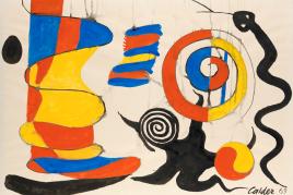 Alexander Calder, „The Yellow Shock Absorber“, 1969, Gouache und Aquarell auf Wove-Papier,  75,5 x 109,5 cm, rechts unten signiert und datiert: „Calder 69“ Foto: Kunsthaus Wiesinger