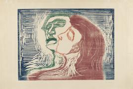 Edvard Munch, Kopf bei Kopf, 1905 Holzschnitt, blau, braunrot, grün und rot auf gelblichem Papier, 39,5 x 54 cm Kunsthaus Zürich