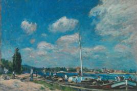 Alfred Sisley, Vykládání nákladních člunů v Billancourtu, 1877 Alfred Sisley, Unloading Barges at Billancourt, 1877 © Ordupgaard, Copenhagen / Photo Anders Sune Berg