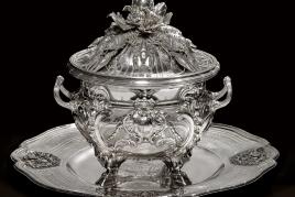 10130 - The Tureen “Aux Écrevisses” A Louis XV silver Pot-a-Oille, Cover, Liner, and Stand, Thomas Germain