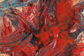 Kazuo Shiraga (Amagasaki/Japan 1924–2008) GI (Das Spiel), 1991, signiert Shiraga (Japanisch), auf der Rückseite nochmals betitelt, signiert, datiert in japanischer und lateinischer Schrift Kazuo Shiraga 1991 Dezember 1991, Öl auf Leinwand, 73 x 60,5 cm, erzielter Preis € 511.259