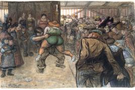 Heinrich Zille, Ringkampf  in der Schaubude, 1903, schwarze Kreide und Aquarell © Privatsammlung Berlin