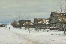 Levitan, Isaak (Wirballen 1860–1900 Moskau) Dorf im Schnee. Wohl aus den 1880er Jahren. Öl auf Halbkarton, auf Leinwand montiert. Unten links signiert. 21x37,8 cm.  Schätzpreis:	20.000 - 30.000 CHF