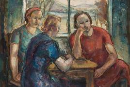 Marianne Fieglhuber-Gutscher  Drei Frauen am Tisch sitzend  Öl/Leinwand 100,7 x 119,2 cm  signiert Fieglhuber-Gutscher, datiert 1939 verso beschriftet M. Fieglhuber-Gutscher, 3 Mädchen am Tisch sitzend, Marianne G.-F. VI., Sandwirtg. 1 Preis: € 16.000,-