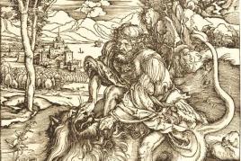 Albrecht Dürer Samson tötet den Löwen Holzschnitt auf Bütten. (Um 1497/98). 38,1 x 27,9 cm (Blattgröße).  Schätzpreis:	40.000 EUR