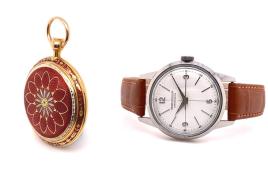 Eine Goldemail Taschen­uhr mit Repetition von Breguet (Lot Nr. 460) und ein seltenes Armband­chrono­meter "Geophysic" von Jaeger-LeCoultre (Lot Nr. 461).