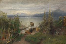 Joseph Wopfner, Fischerboote bei Frauenchiemsee, 1884, Öl auf Leinwand, 50 x 72,8 cm, Inv.-Nr. 12589