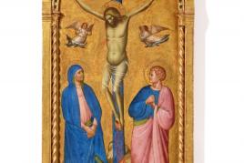 Lot 2015 Nr. 406 918 Giovanni da Bologna Kreuzigung mit Maria und dem hl. Johannes Tempera und Gold auf Holz, 165,4 x 77,2 cm Ergebnis: € 450.000